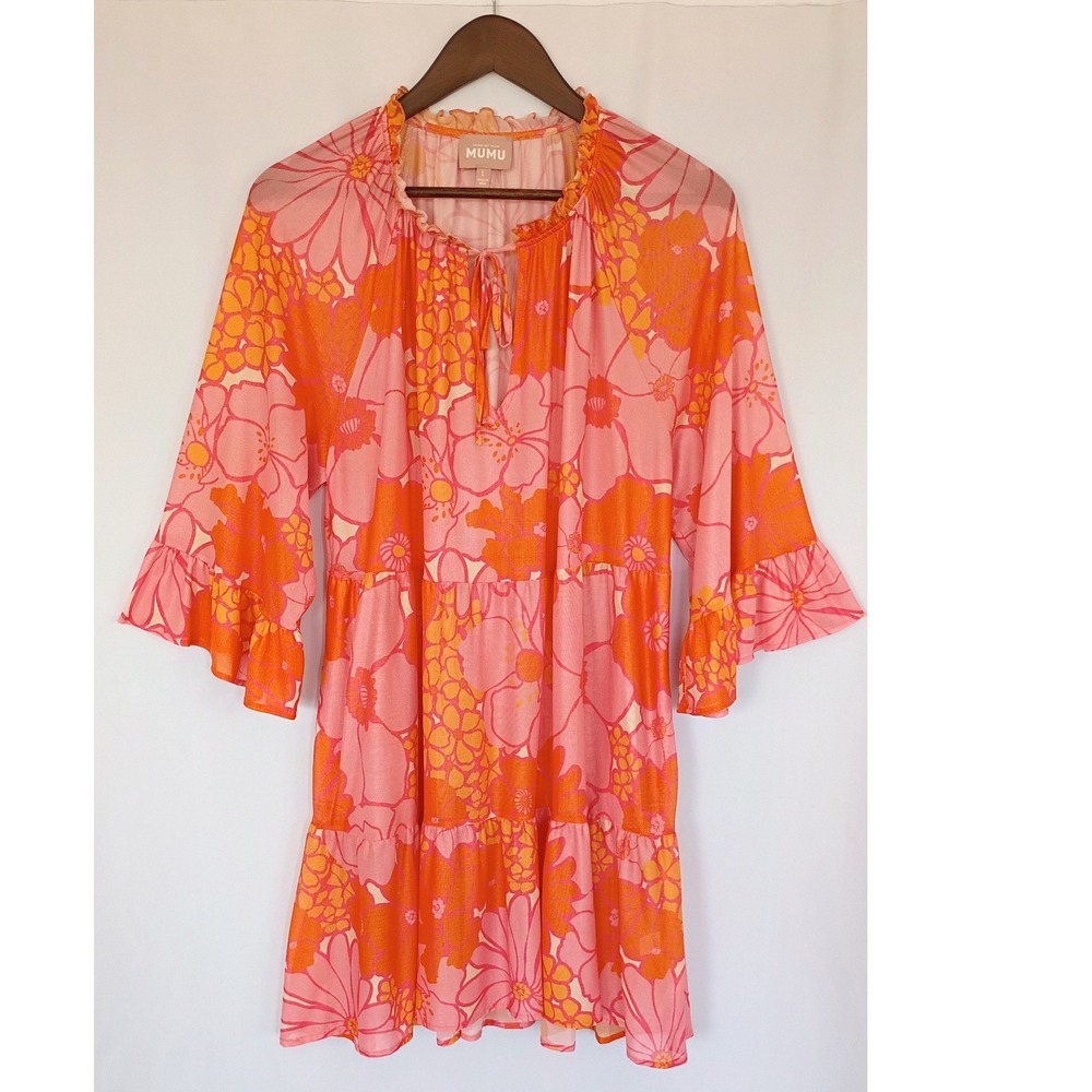 Show Me Your Mumu Floral Mesh Tiered Viola Mini Dress Pink Orange L Sheer Boho